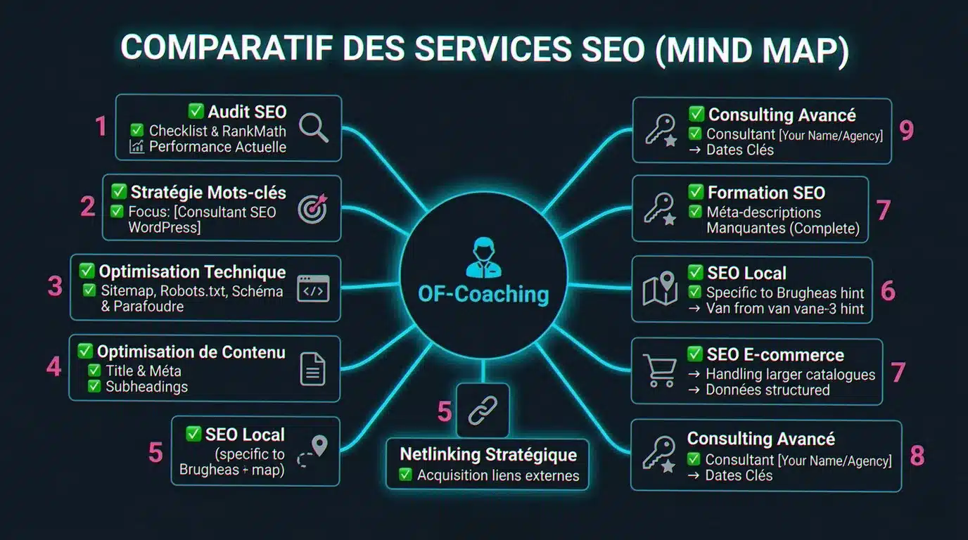 Vue d'ensemble des 9 services SEO de of-coaching.fr — consultant Claude BARBEY, Vichy
