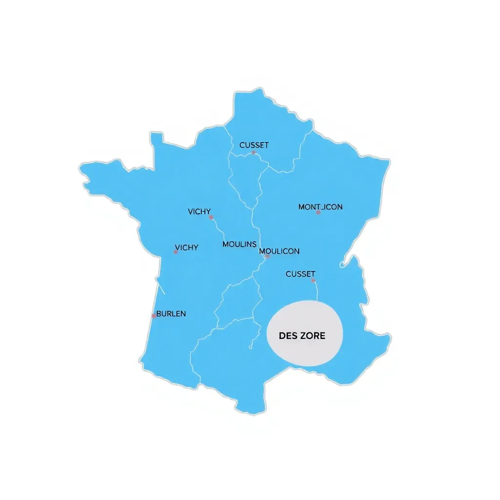 Carte du département de l'Allier avec les principales villes (Vichy, Moulins, Montluçon, Cusset) et les zones d'intervention SEO - agence SEO Allier - of-coaching.fr