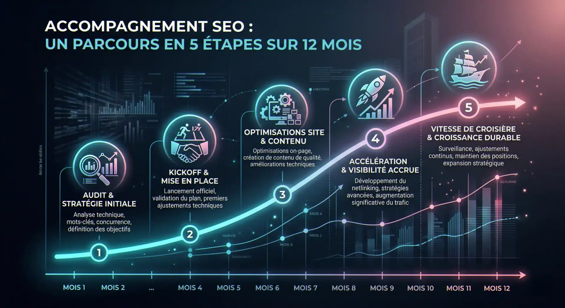 Accompagnement SEO TPE : les 5 étapes du mois 1 au mois 12 avec OF-Coaching