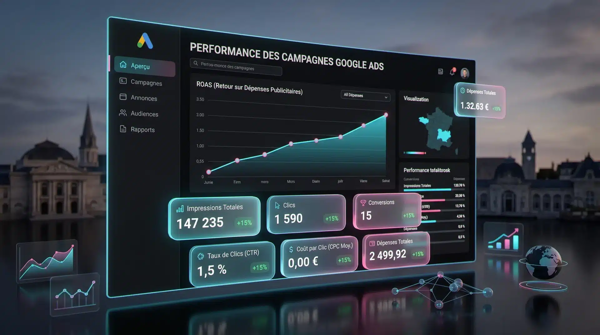 Agence SEA Vichy : dashboard Google Ads avec campagnes rentables pour TPE et artisans de Vichy et Allier