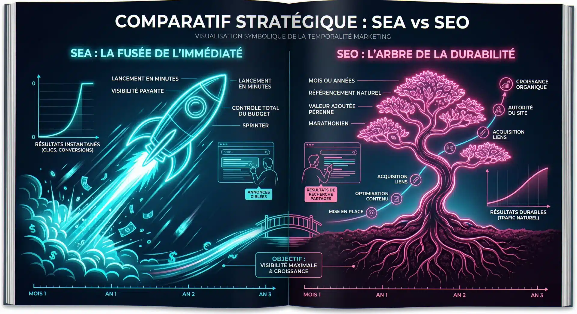 Agence SEA Vichy : comparaison SEA fusée rapide vs SEO arbre croissance durable pour TPE et artisans