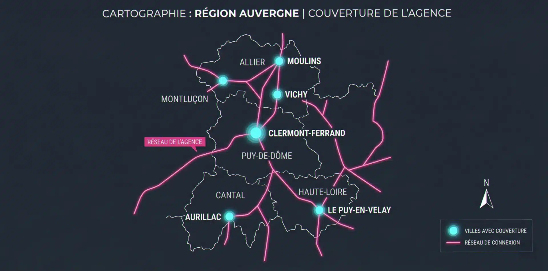Agence SEO locale Auvergne : carte des villes couvertes Vichy Clermont-Ferrand Moulins Montluçon Le Puy Aurillac