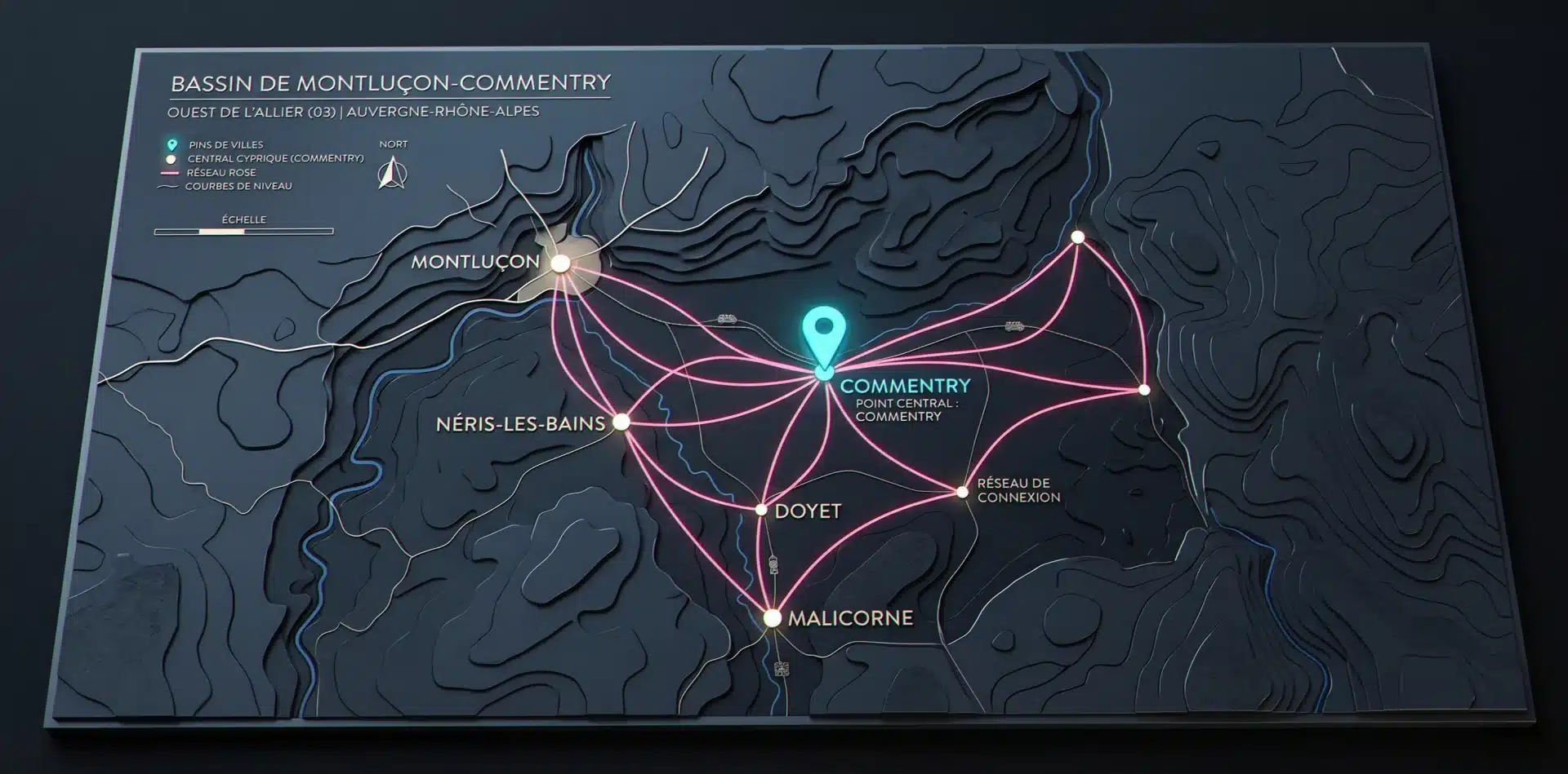 Carte des zones d'intervention de l'agence web Commentry : Montluçon, Néris-les-Bains, Doyet, Malicorne et bassin Allier