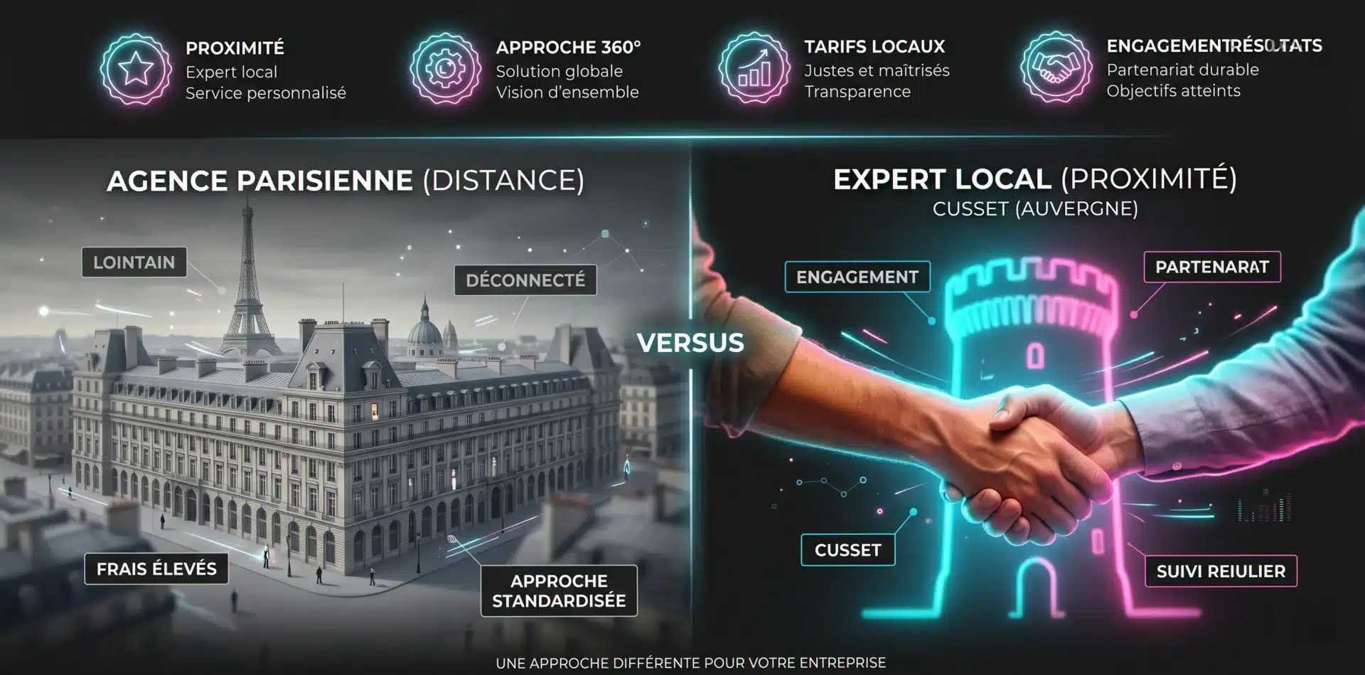 Les 4 différences de notre agence web Cusset vs une agence parisienne : proximité, approche 360, tarifs, résultats