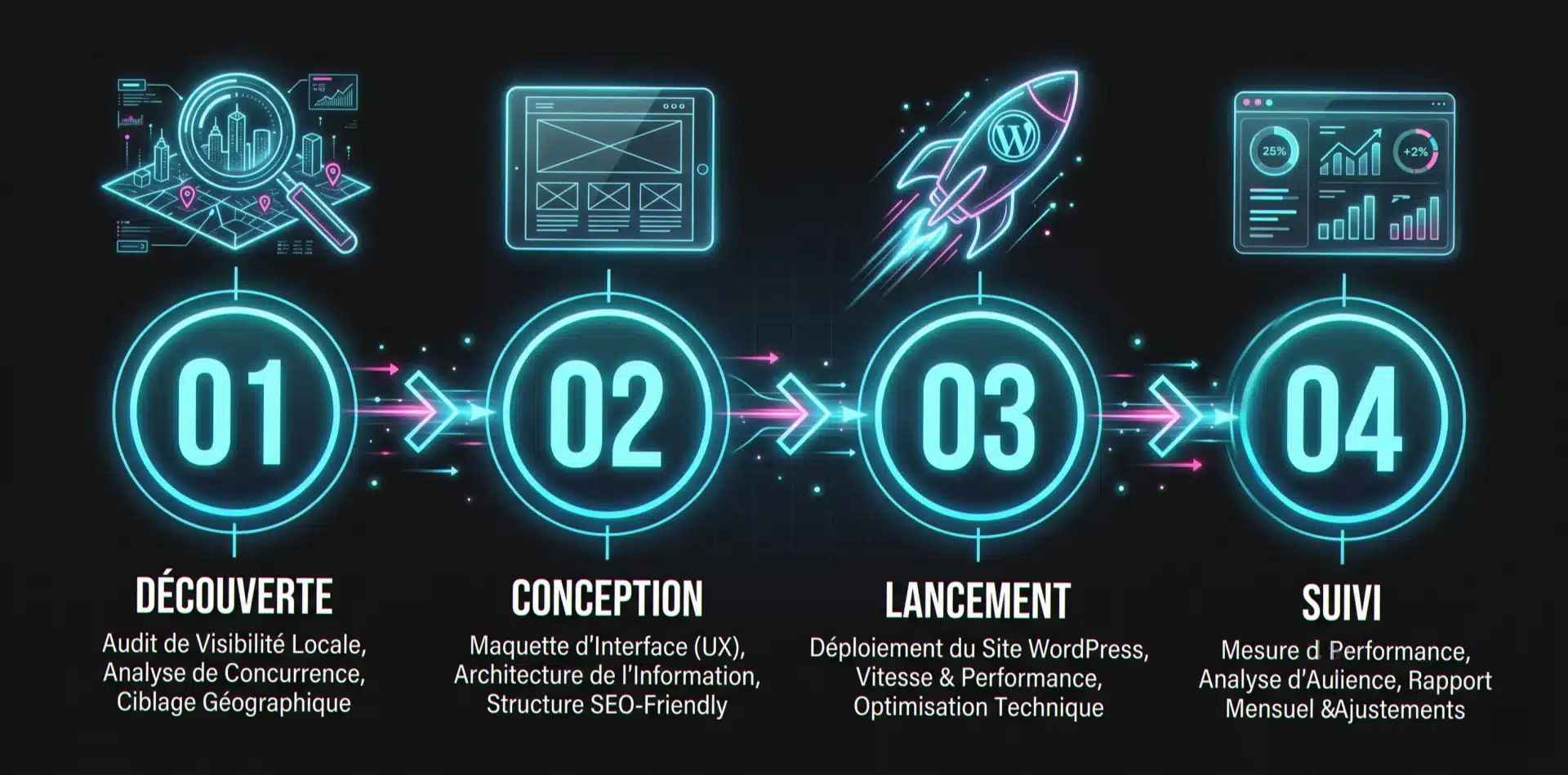 La méthode en 4 étapes de notre agence web Cusset : découverte, conception, lancement, suivi continu