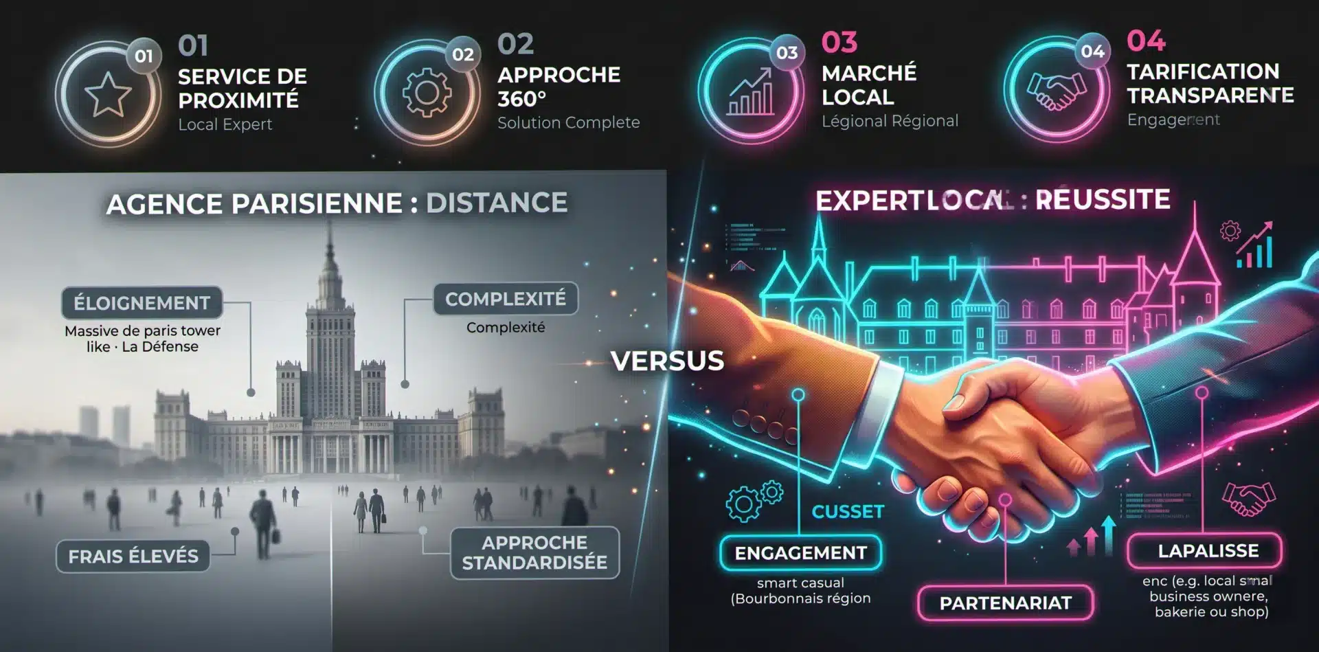 Les 4 différences de notre agence web Lapalisse : proximité, approche 360, marché local, tarifs transparents