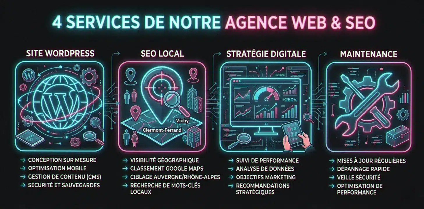 Les 4 services d'une agence web Lapalisse : création de site WordPress, SEO local, stratégie digitale, maintenance
