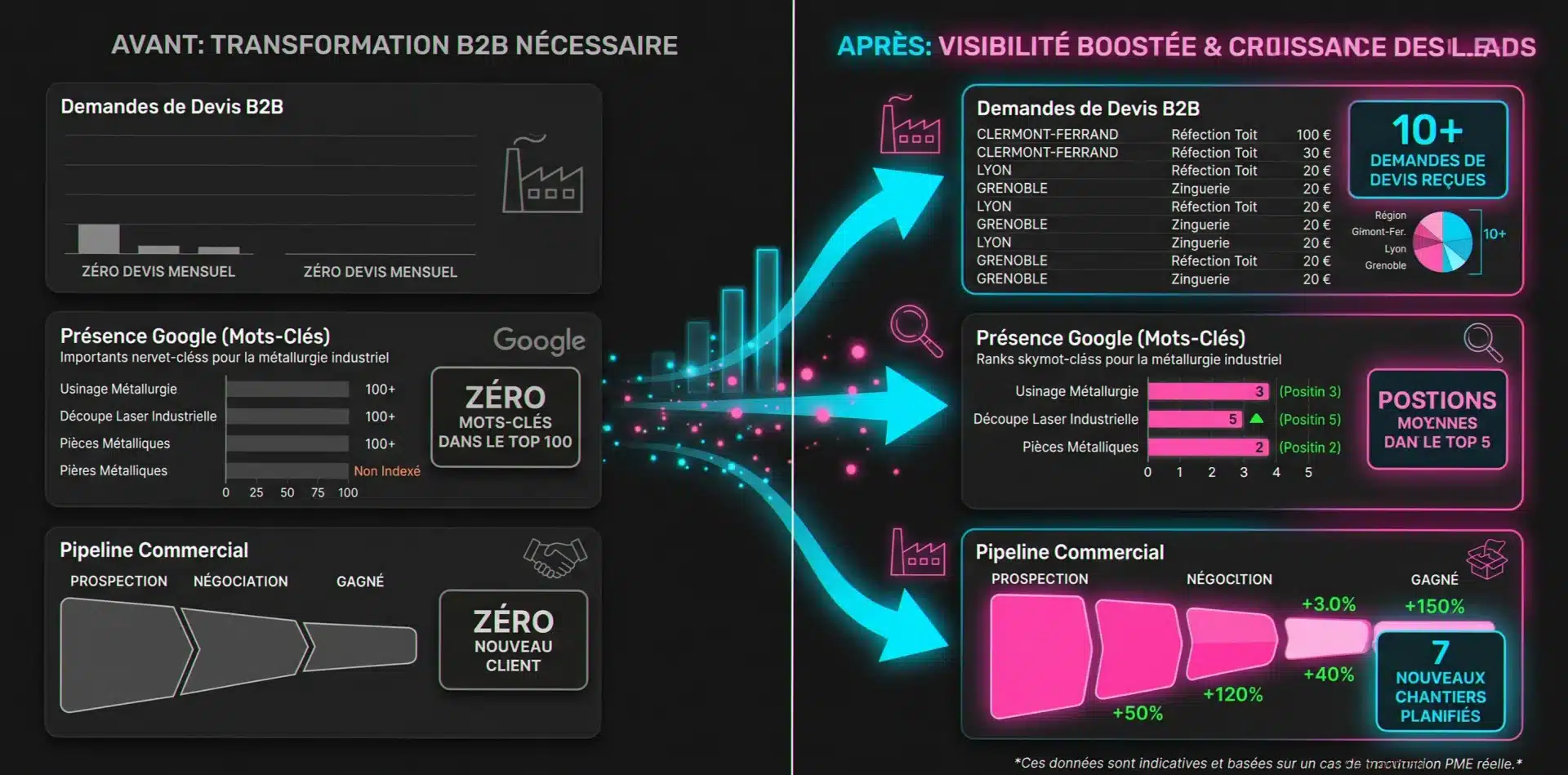 Cas concret d'une agence web Thiers : PME métallurgie de Felet avec leads B2B Clermont-Ferrand et Lyon en 5 mois