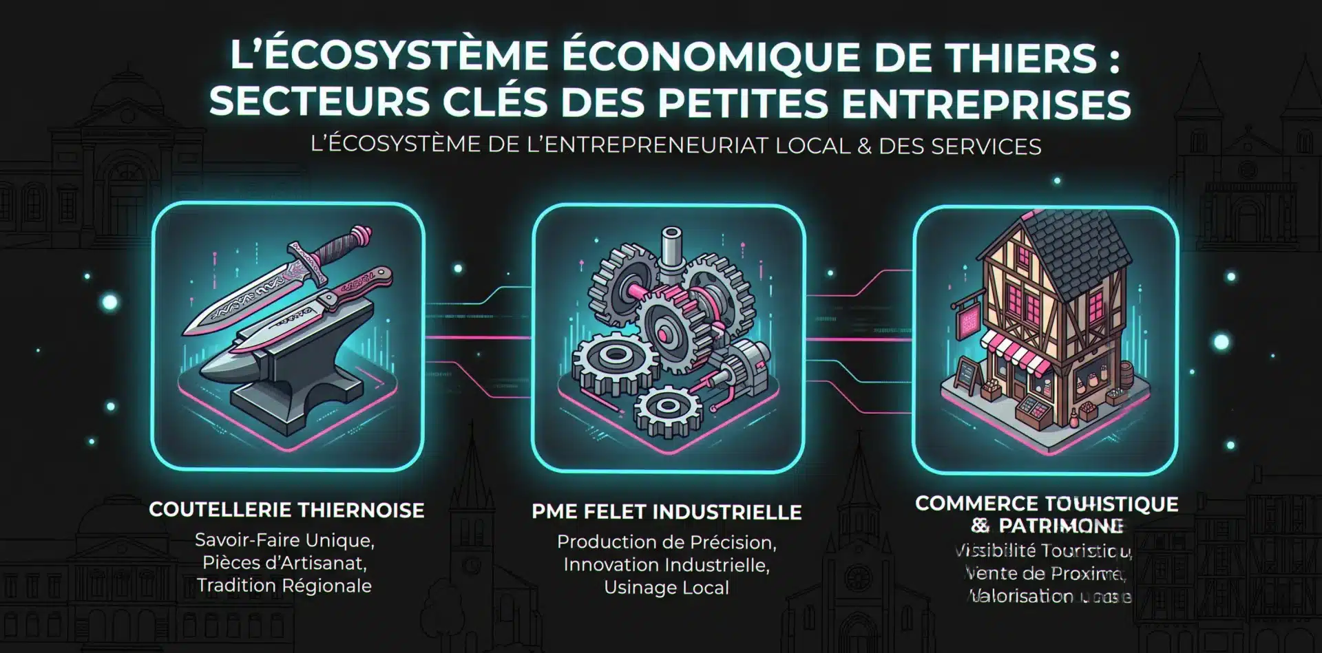 Les 3 secteurs clés accompagnés par notre agence web Thiers : coutellerie, PME industrielles de Felet, commerces médiévaux