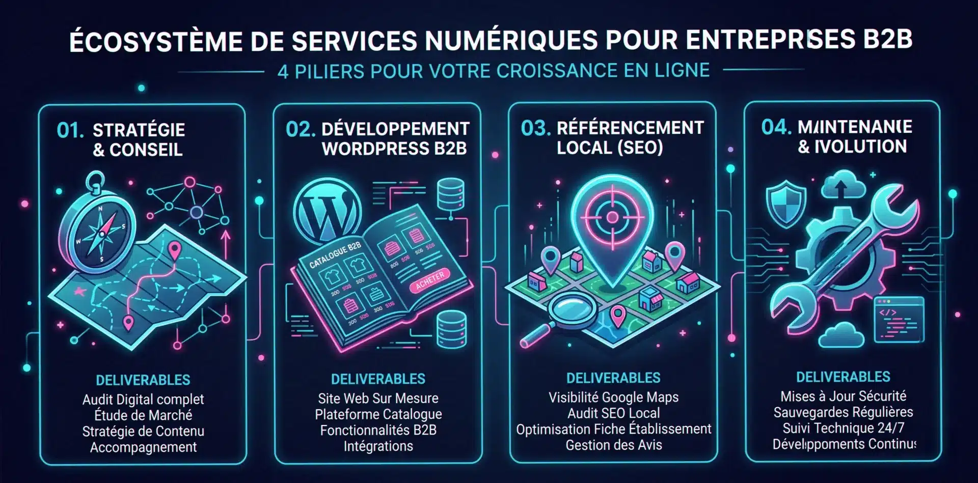 Les 4 services d'une agence web Thiers : stratégie digitale, création de site, SEO local, maintenance