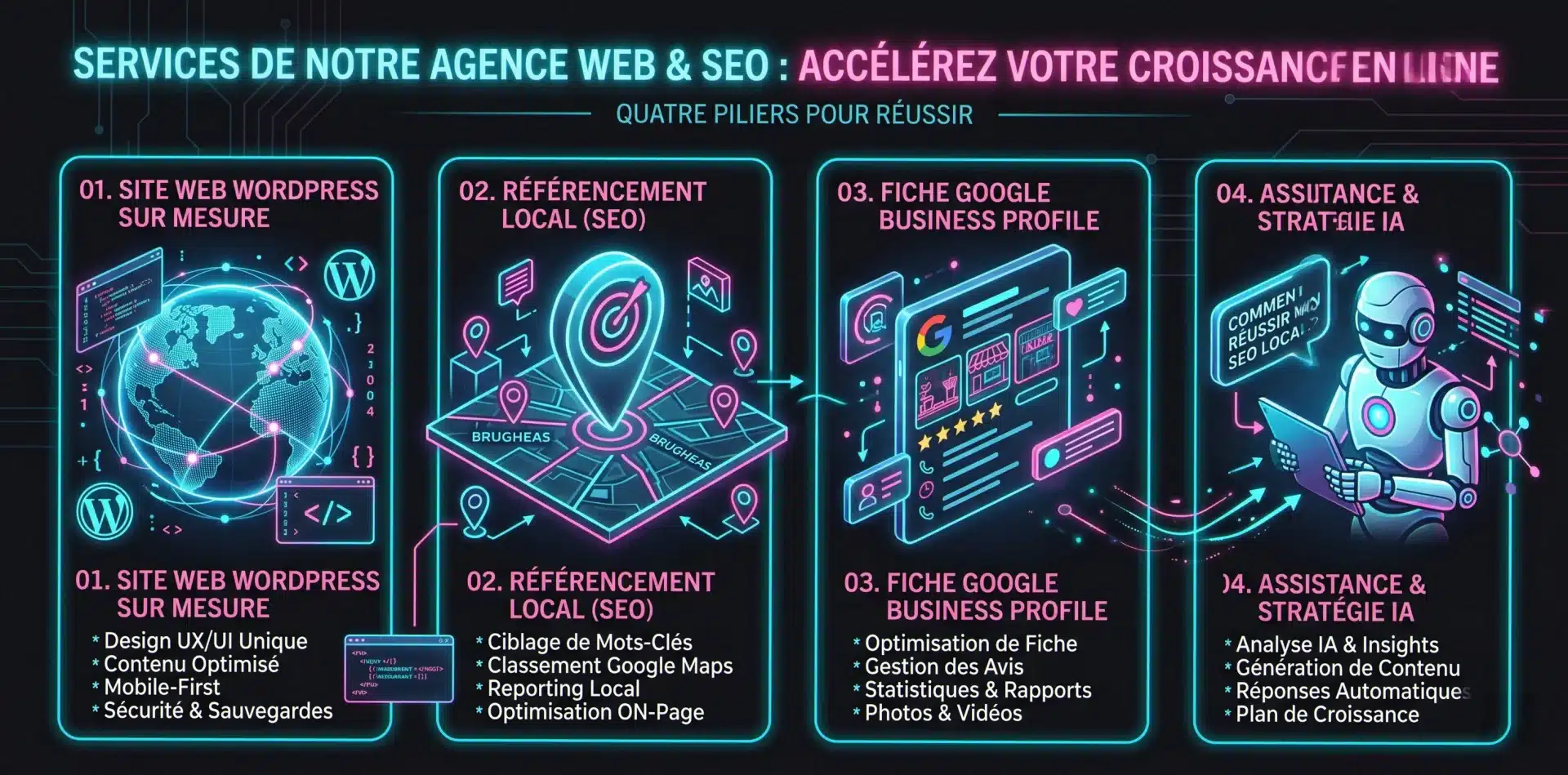 Les 4 services d'une agence web Vichy complète : création de site, SEO local, Google Business Profile, IA et automatisation