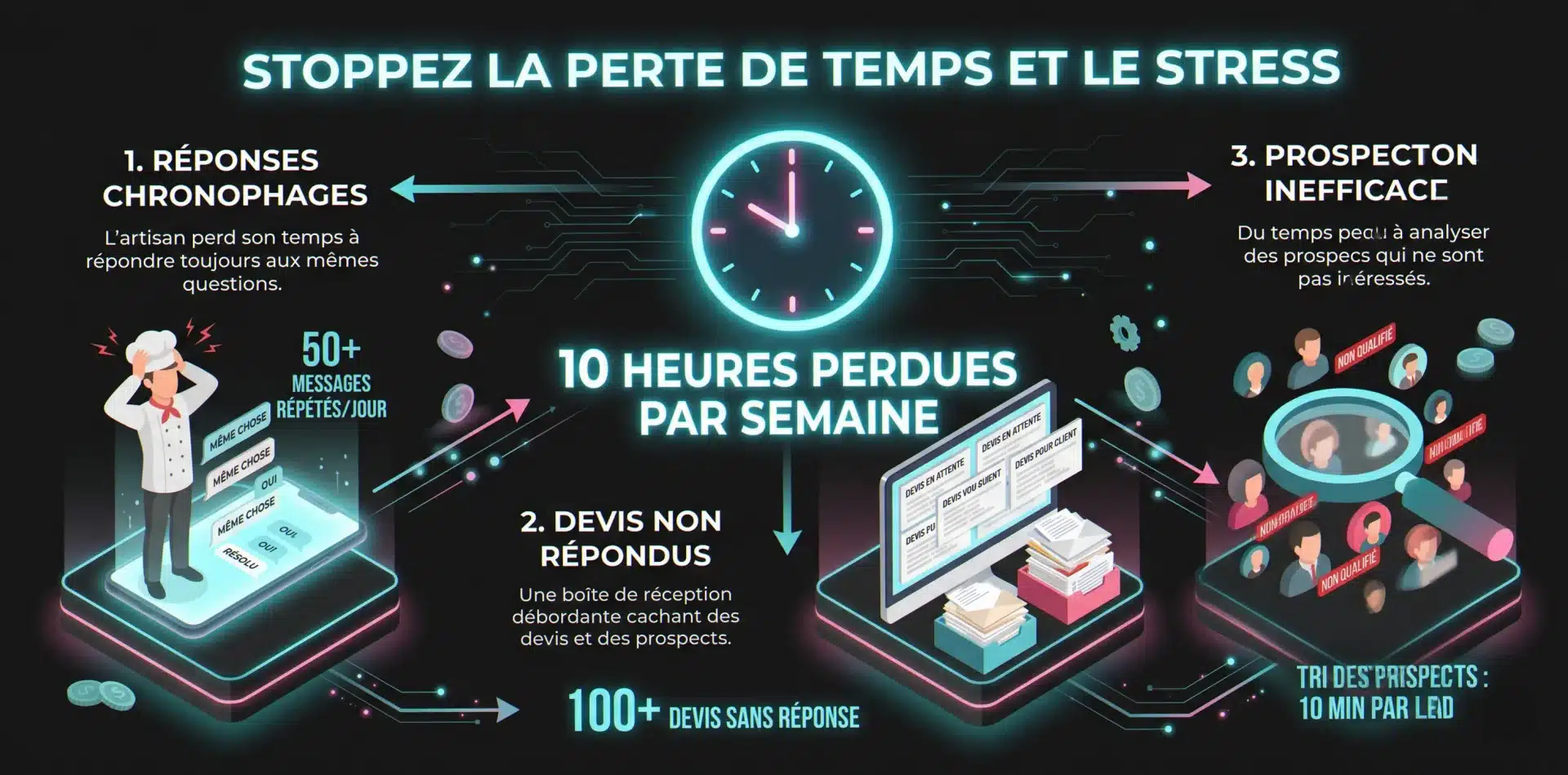 Les 3 tâches chronophages que résout l'automatisation marketing TPE : réponses répétitives, relances, qualification