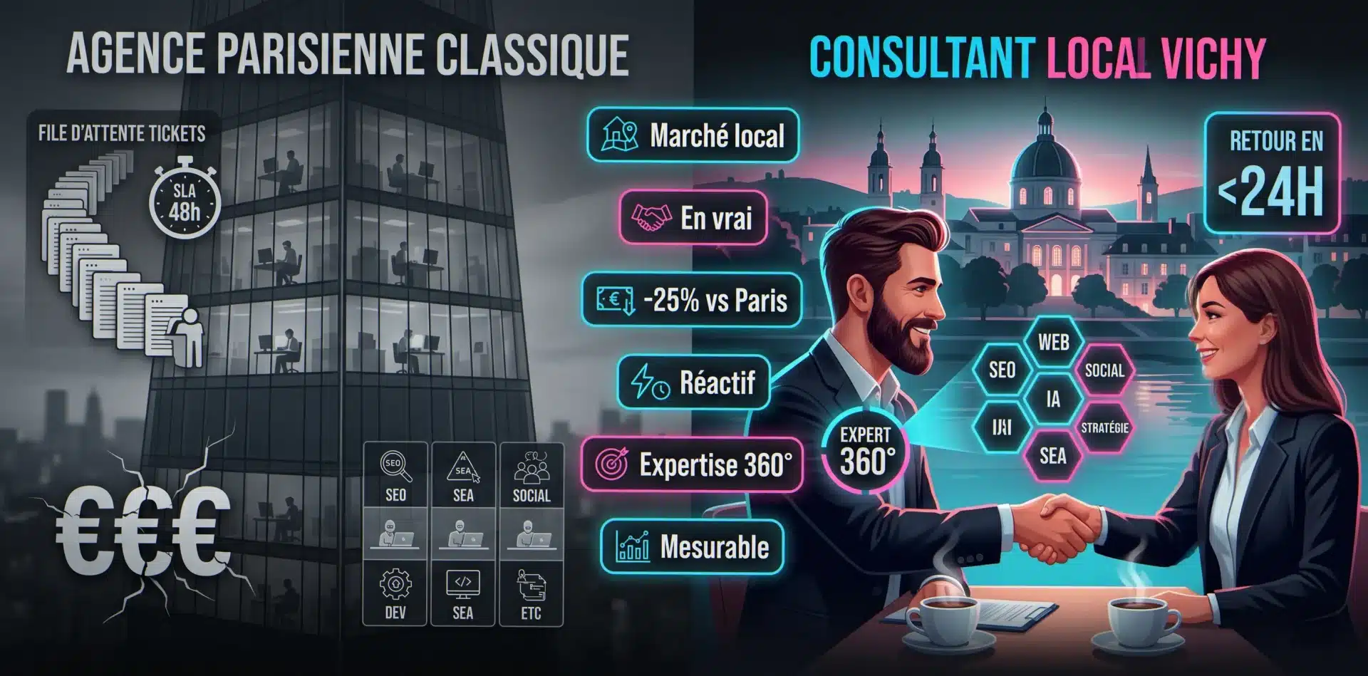 Les 6 différences d'un consultant digital Vichy local vs agence parisienne : proximité, tarifs, réactivité, expertise transversale