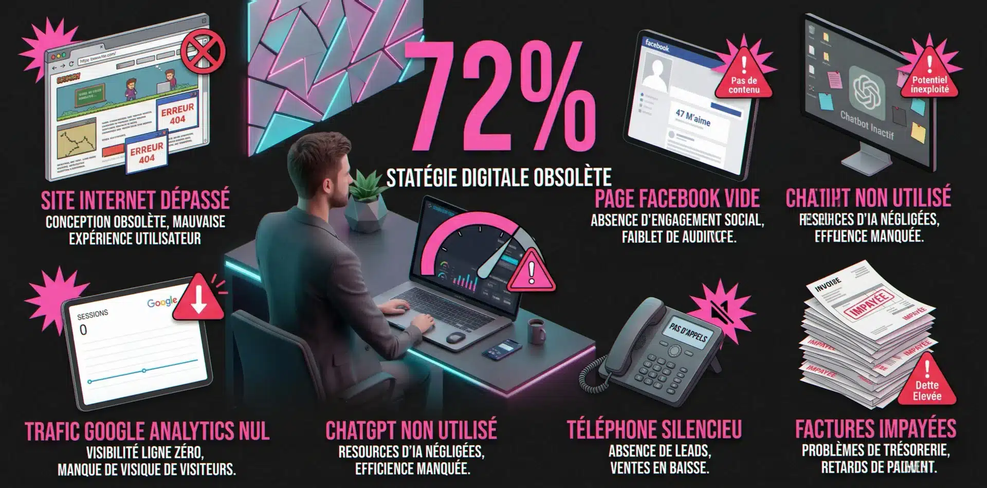 Les 6 problèmes digitaux des TPE que résout un consultant digital Vichy : site obsolète, SEO nul, réseaux abandonnés, zéro IA