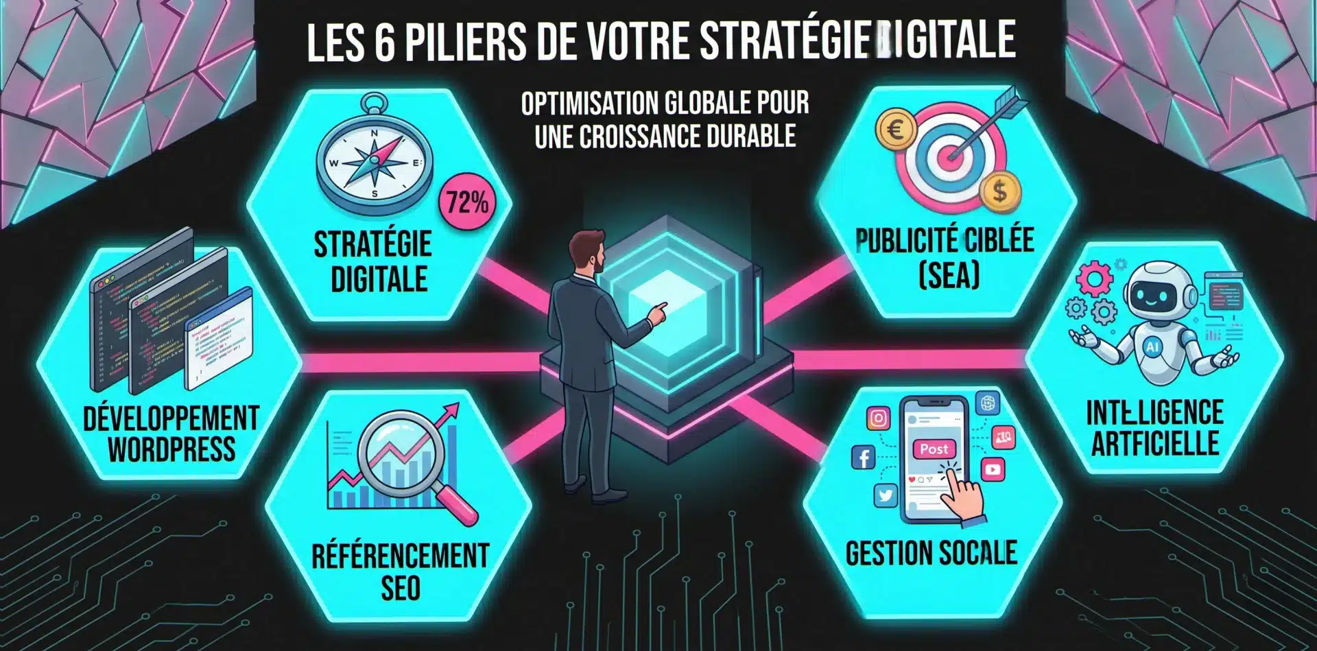 Les 6 piliers d'une stratégie digitale complète par un consultant digital Vichy : stratégie, site, SEO, réseaux, IA, SEA
