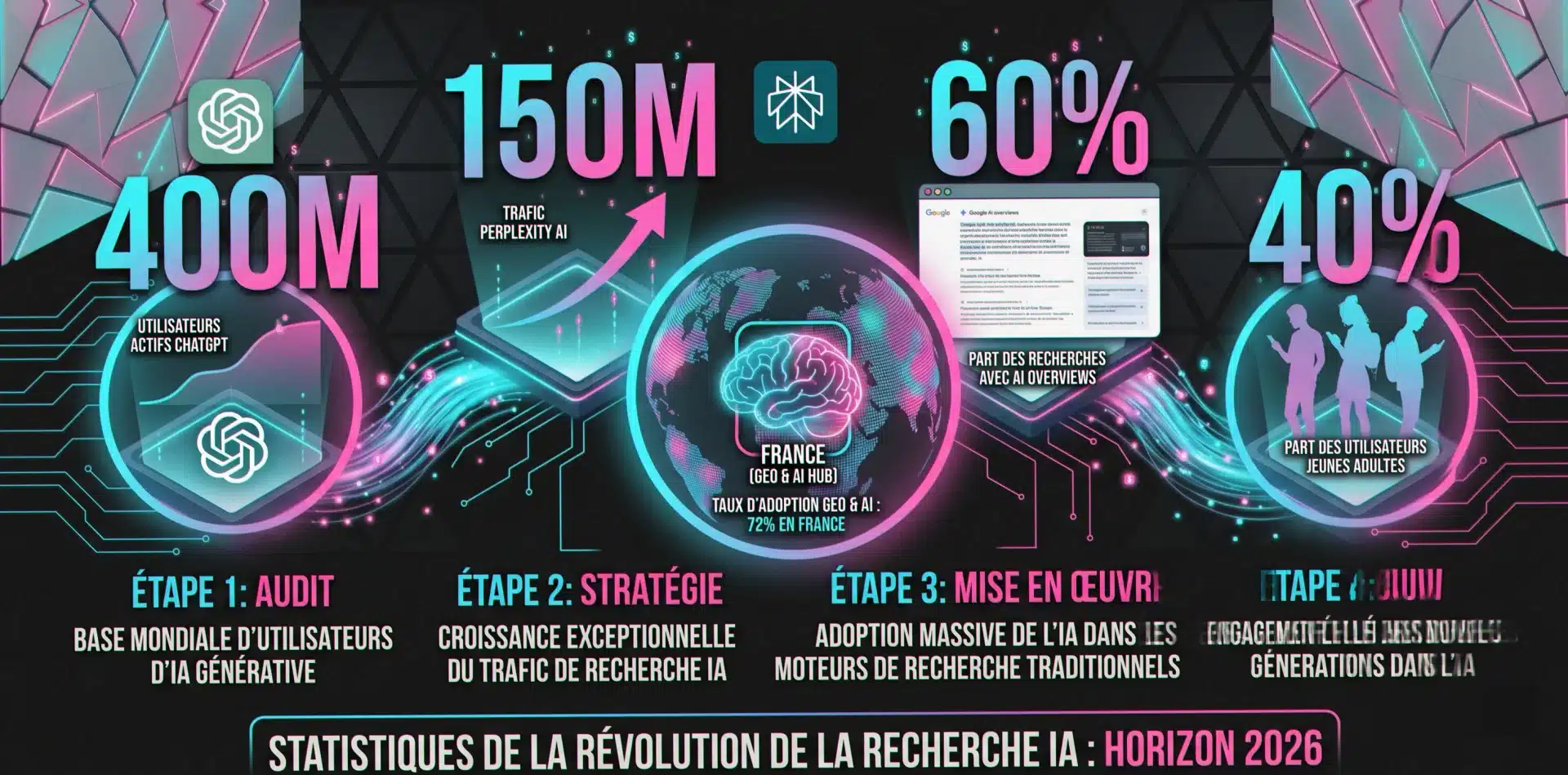 Chiffres 2026 du consultant GEO Vichy : 400M utilisateurs ChatGPT, 60% Google AI Overviews, 40% des 18-35 ans utilisent l'IA