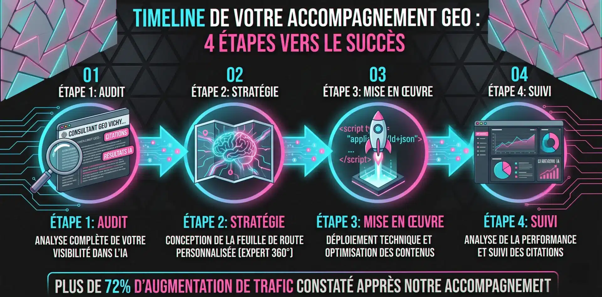 La méthode en 4 étapes d'un consultant GEO Vichy : audit IA gratuit, stratégie, implémentation, suivi et ajustement