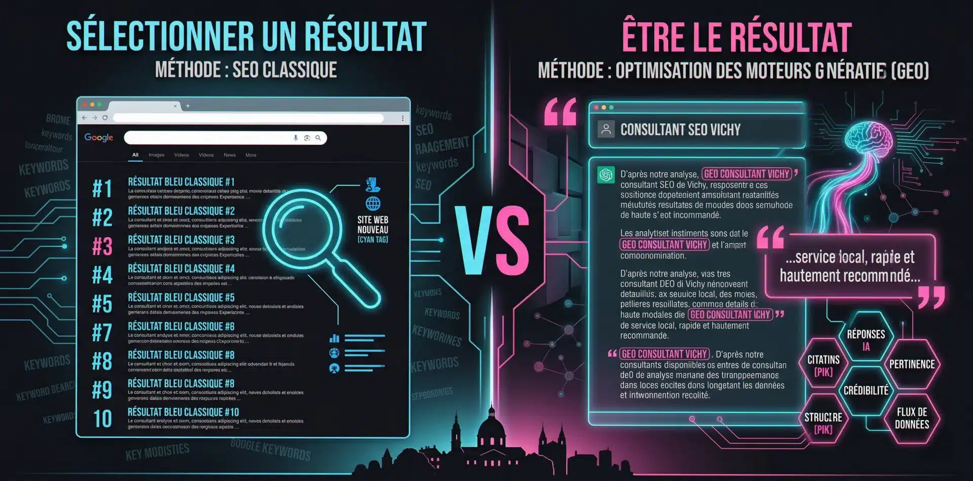 Consultant GEO Vichy : tableau comparatif SEO classique vs GEO Generative Engine Optimization pour ChatGPT et Perplexity