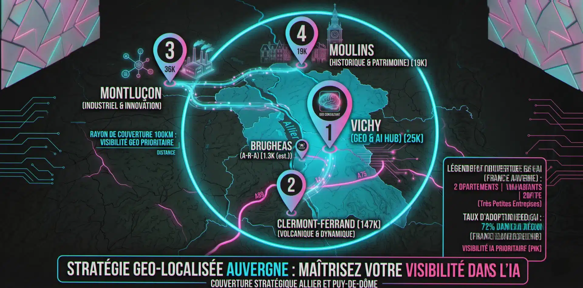 Carte d'intervention référencement Auvergne : Vichy, Clermont-Ferrand, Montluçon, Moulins et rayon 100 km
