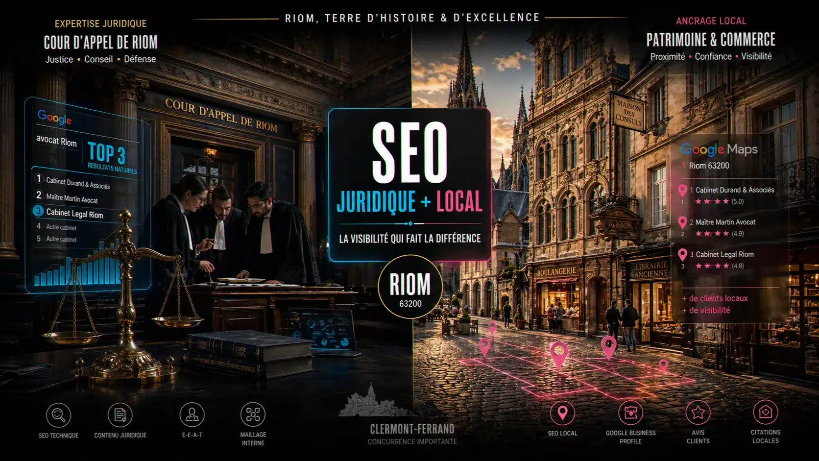 Consultant SEO Riom : Claude Barbey accompagne cabinets juridiques (Cour d'Appel) et commerces du centre Renaissance dans le 63200