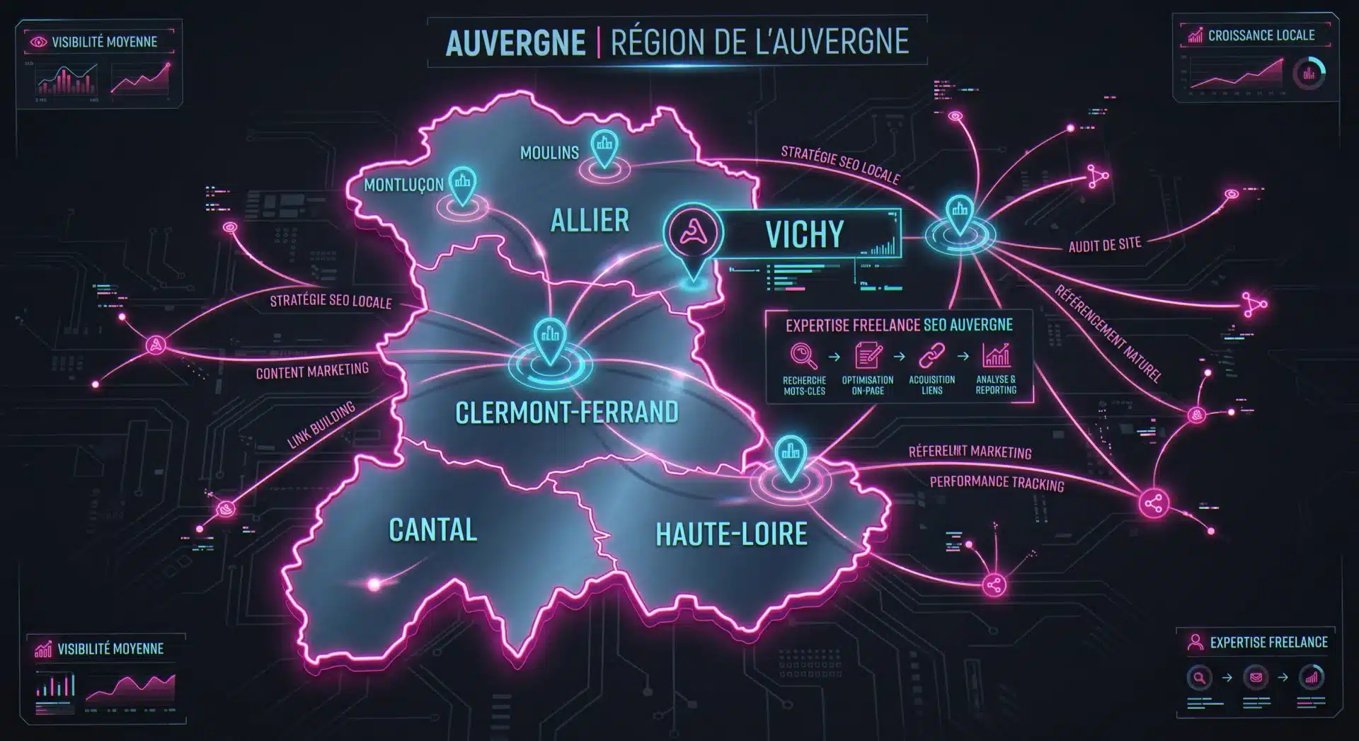 Carte du freelance SEO Auvergne couvrant Vichy Clermont-Ferrand Moulins Montluçon Le Puy-en-Velay Aurillac