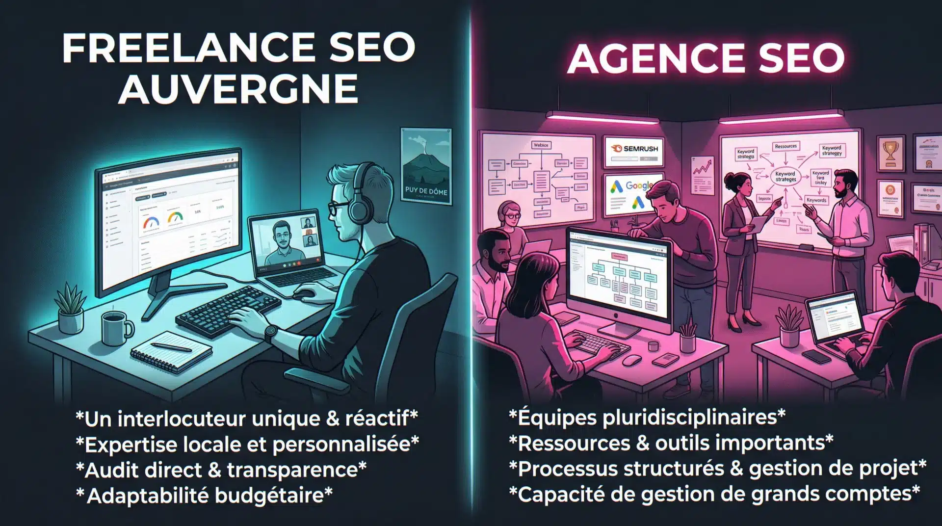 Freelance SEO Auvergne vs agence SEO : comparaison tarifs interlocuteur expertise