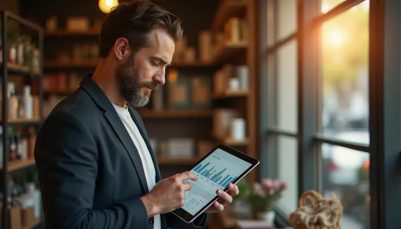 Dirigeant d'une PME de Montluçon analysant les statistiques de son site web sur une tablette numérique dans son commerce
