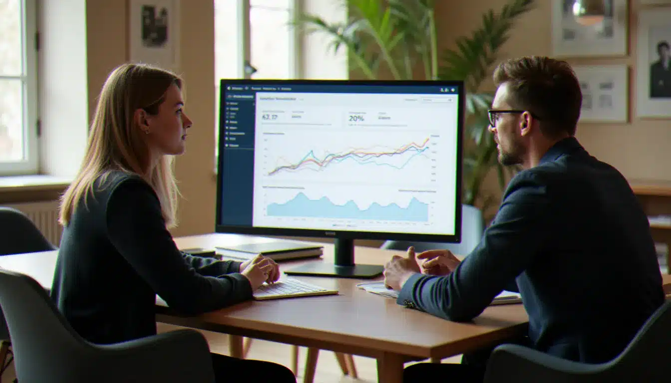 Dirigeante d'entreprise vichyssoise et consultant d'agence web examinant ensemble les données de performance d'un site internet lors d'un audit SEO local