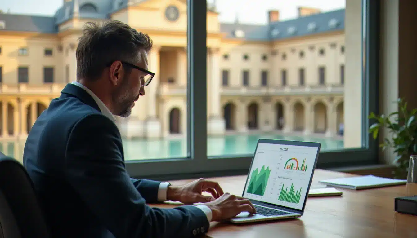 Consultant SEO local analysant les performances d'une agence web à Vichy depuis son bureau, avec les thermes de la ville visibles en arrière-plan