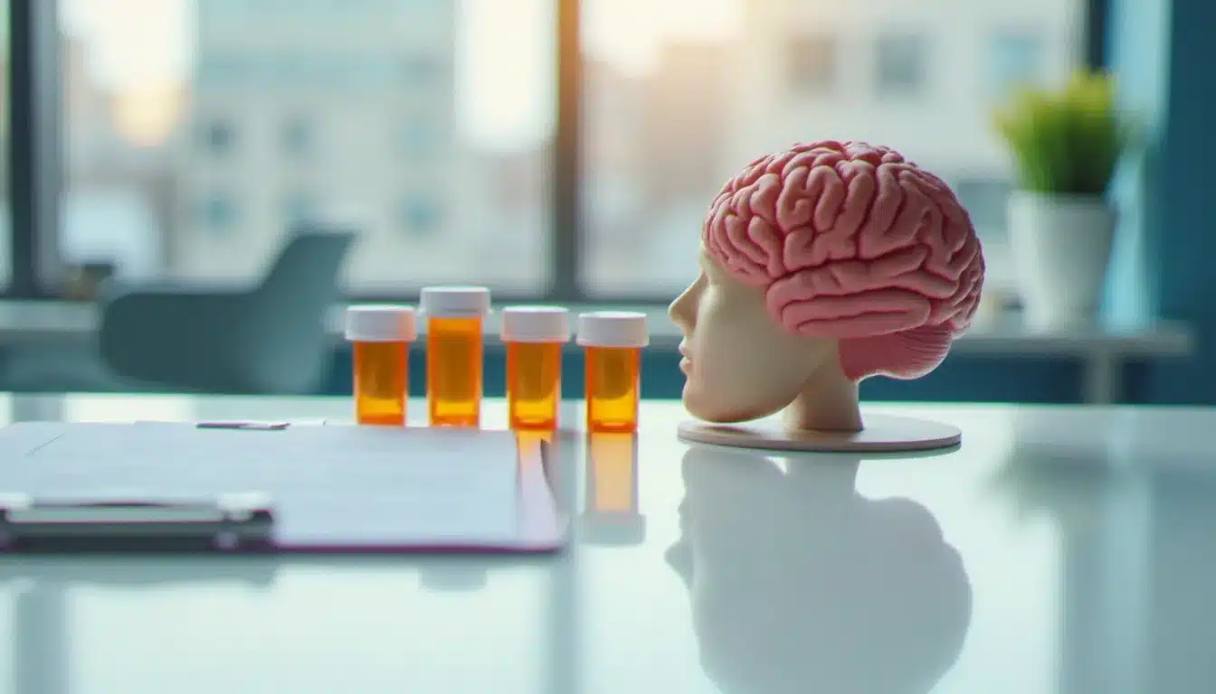 Modèle anatomique de cerveau et médicaments antidépresseurs représentant le mécanisme d'action neurologique sur l'anxiété