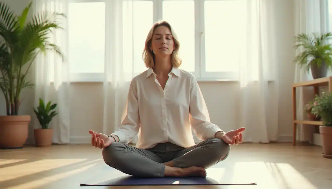 Une femme d'âge professionnel pratiquant la méditation pleine conscience comme alternative naturelle à l'antidépresseur pour gérer l'anxiété au quotidien