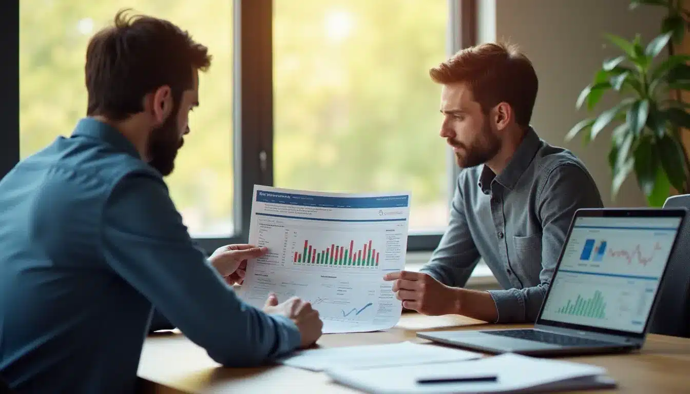 Réunion entre un consultant SEO et un dirigeant de PME locale de Montluçon examinant un rapport d'audit de référencement avec analyses et recommandations