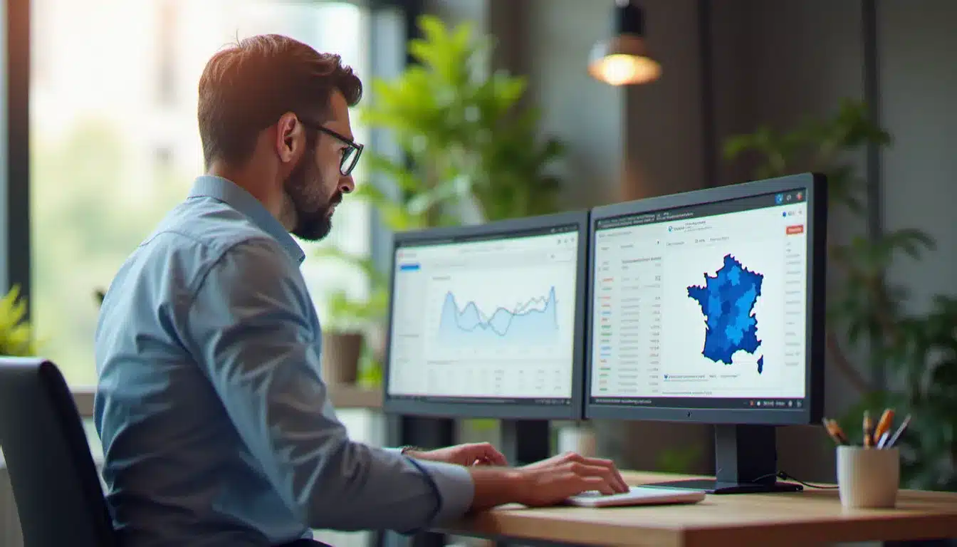Consultant SEO à Montluçon analysant les données de référencement local d'une entreprise de l'Allier sur deux écrans avec tableau de bord Google Search Console