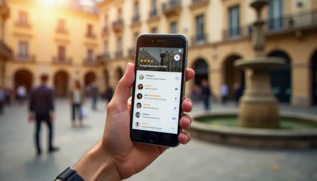 Un dirigeant consultant sa fiche Google Business Profile sur smartphone depuis une place de marché française, illustrant le référencement local pour une entreprise moulinoise