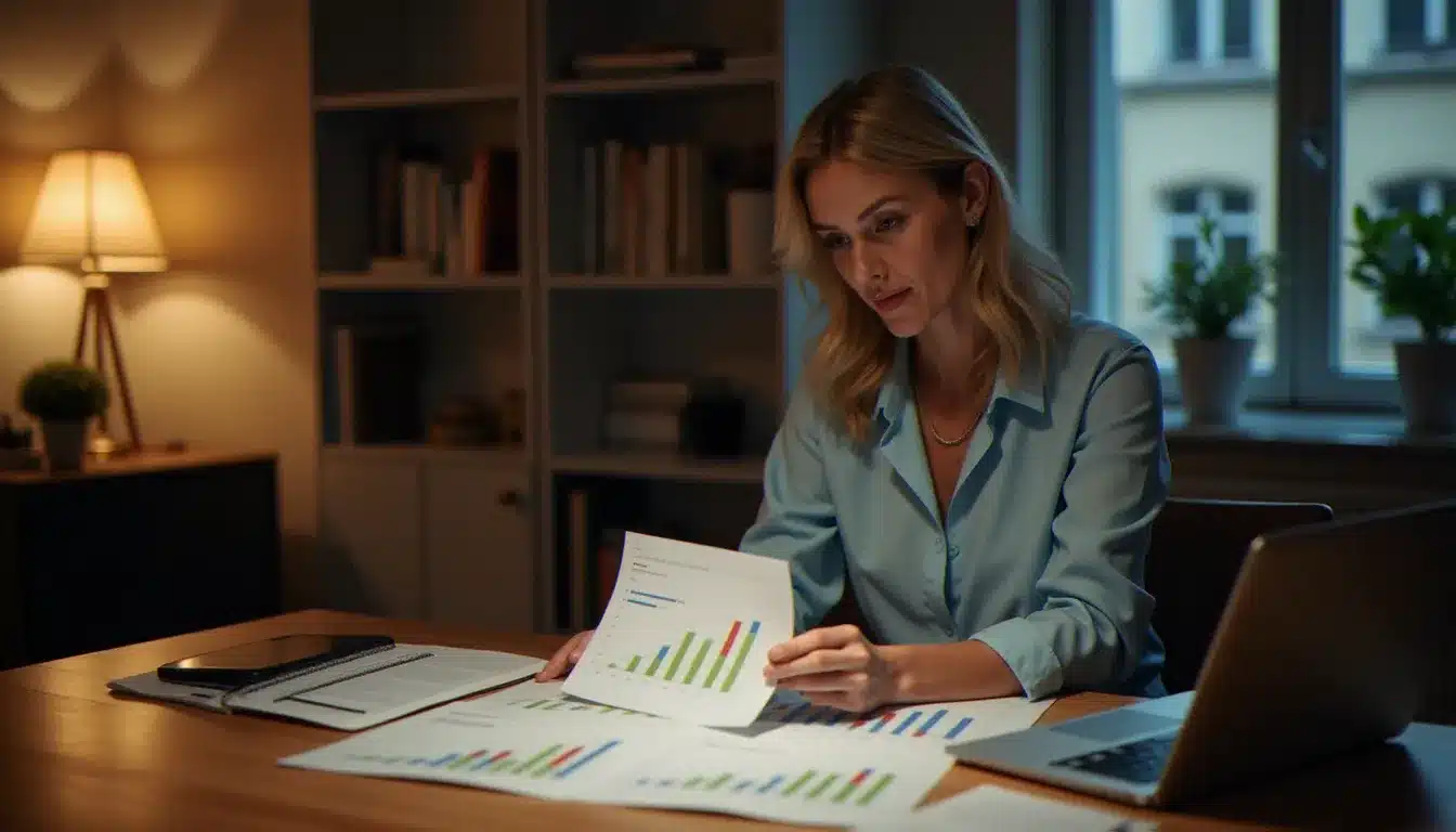 Une dirigeante de PME allieroise examinant un rapport mensuel de performance SEO local avec des graphiques montrant la progression du trafic organique et des leads entrants