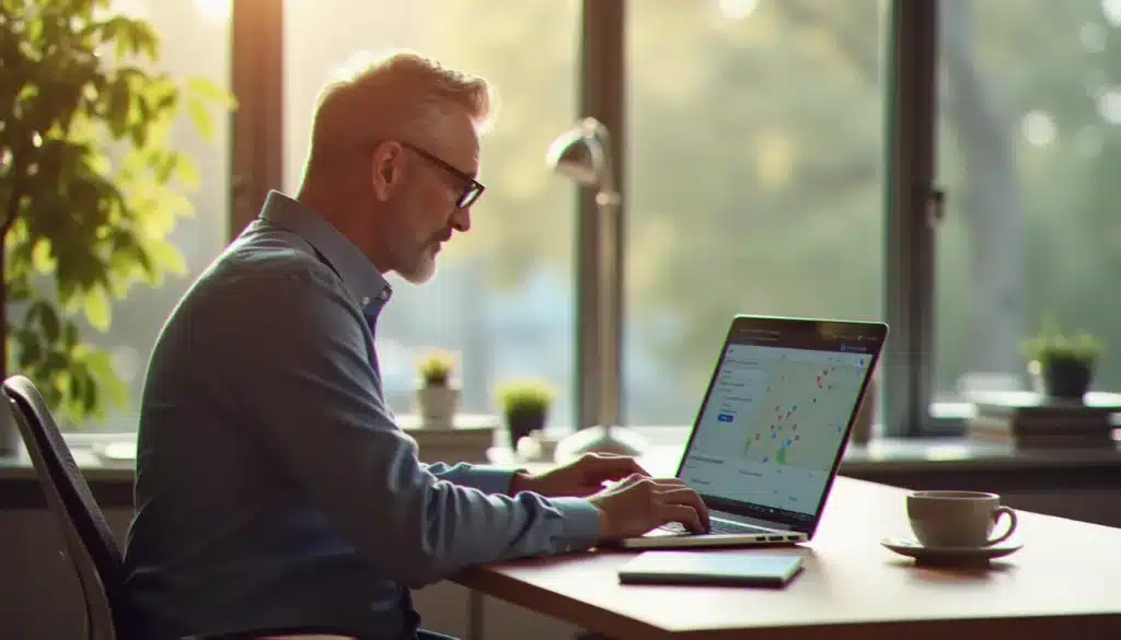 Un consultant SEO analysant les données de positionnement local pour des entreprises de Moulins sur son ordinateur portable dans un bureau lumineux