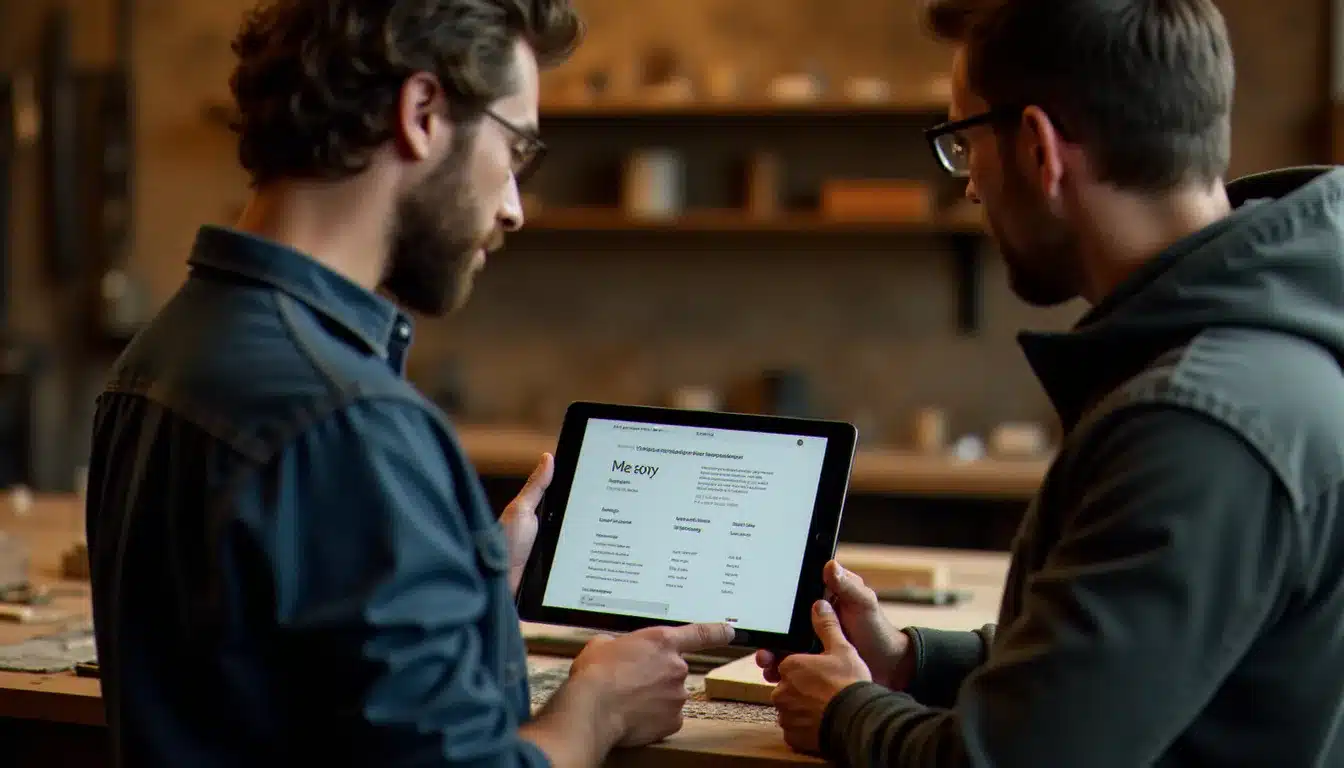 Un artisan et un consultant discutant des coûts de création de site internet sur tablette dans un atelier artisanal français