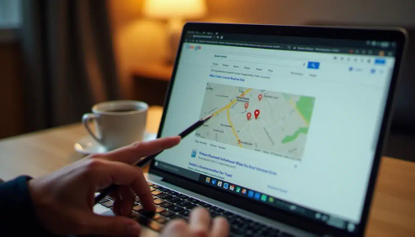 Écran d'ordinateur affichant des résultats Google avec le pack local mis en évidence, illustrant le SEO local pour les entreprises d'Issoire