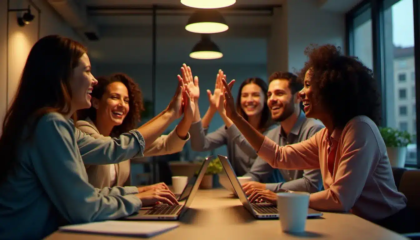 Une équipe de PME célébrant ensemble un succès collectif, résultat concret de pratiques managériales fondées sur la définition rigoureuse de motiver