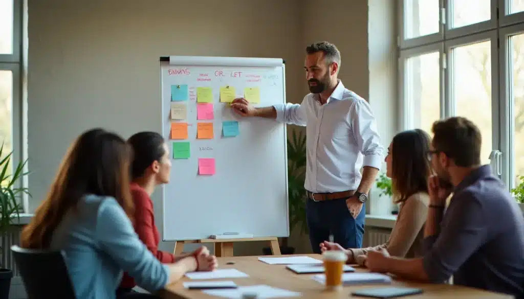 Un manager expliquant des objectifs de motivation à son équipe dans un bureau moderne lumineux, illustrant la définition concrète de motiver en entreprise
