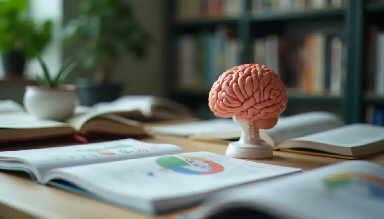 Modèle anatomique de cerveau posé sur un bureau de recherche médicale, illustrant les mécanismes neurobiologiques à l'origine des différents types de phobies