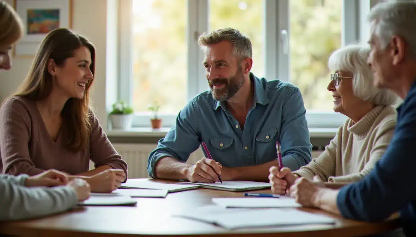 Groupe multigénérationnel de trois adultes d'âges différents participant à un atelier PNL, illustrant que la programmation neuro-linguistique s'adapte à toutes les tranches d'âge
