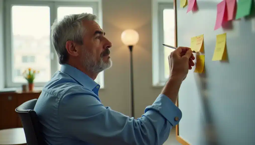 Un professionnel d'âge mûr en séance de coaching PNL dans un bureau lumineux, illustrant le lien entre PNL et âge dans un contexte professionnel