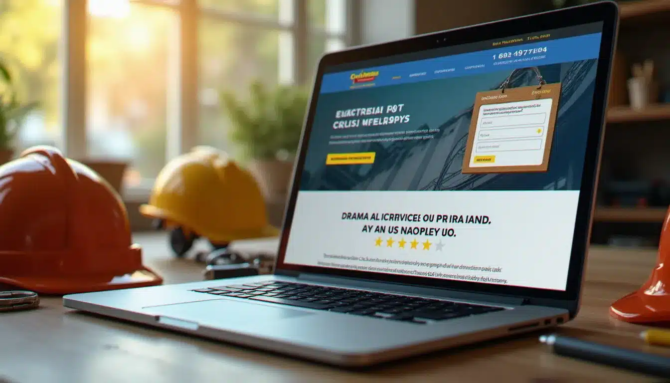 Écran d'ordinateur portable affichant un site internet professionnel pour électricien avec formulaire de devis et avis clients, posé sur un bureau d'artisan