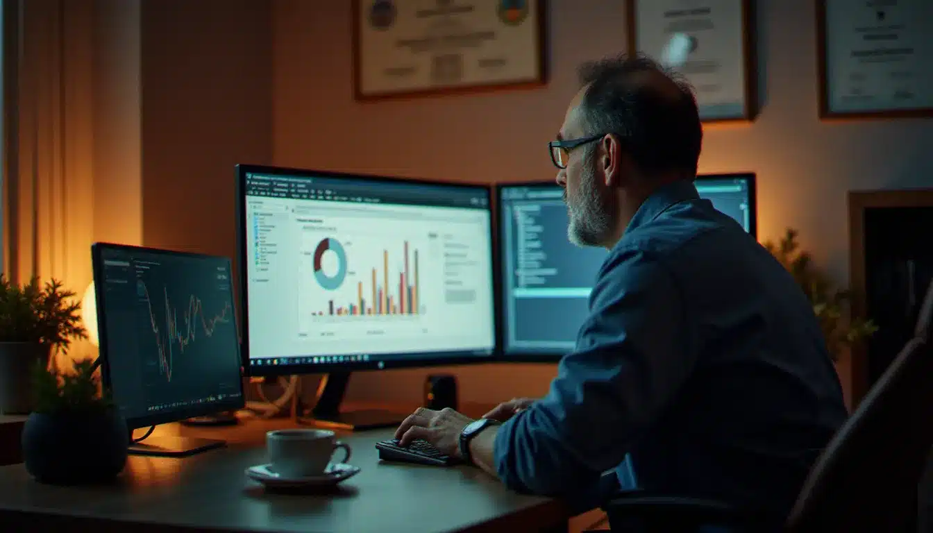 Électricien artisan analysant les statistiques de trafic de son site internet sur un ordinateur dans son bureau, avec ses certifications professionnelles visibles au mur