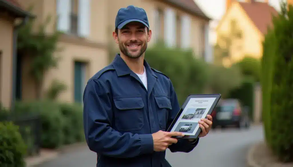 Électricien professionnel tenant une tablette affichant un site internet électricien à Vichy, devant une maison bourgeoise de l'agglomération vichyssoise