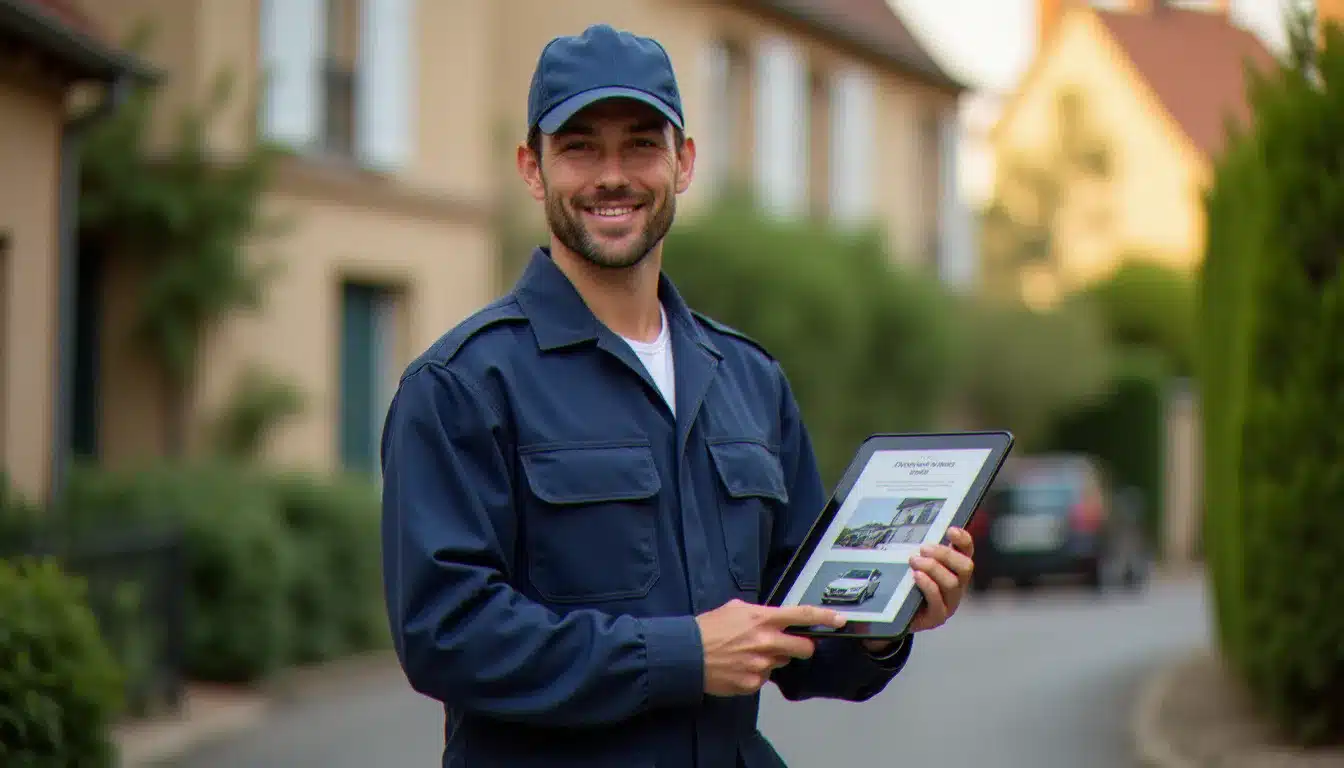 Électricien professionnel tenant une tablette affichant un site internet électricien à Vichy, devant une maison bourgeoise de l'agglomération vichyssoise