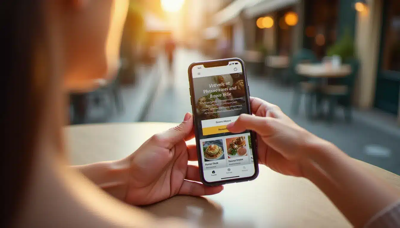 Mains tenant un smartphone affichant le site internet d'un restaurant avec menu et bouton de réservation, illustrant la navigation mobile sur un site internet restaurant Vichy