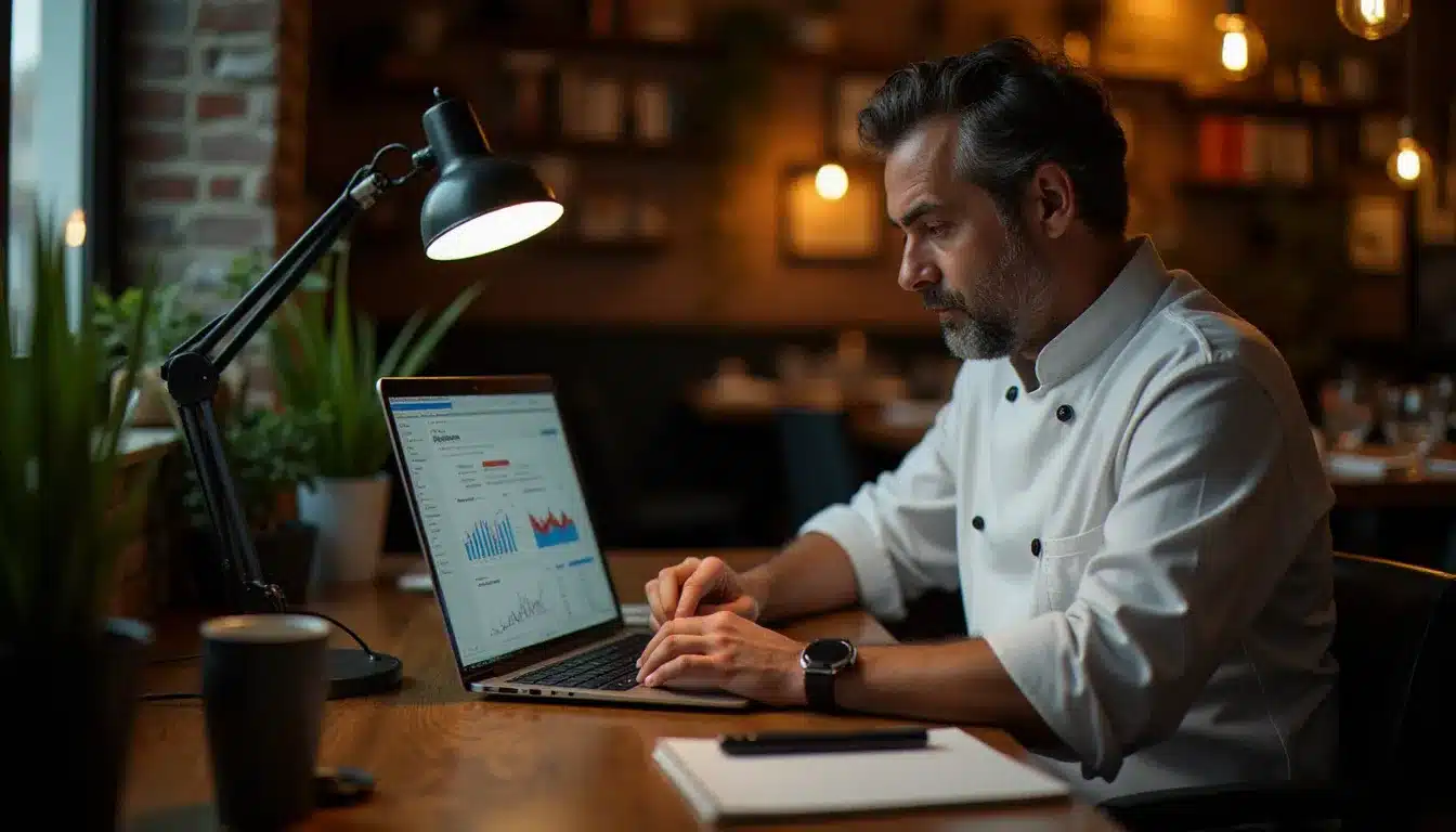 Restaurateur analysant les statistiques de référencement de son site internet sur un ordinateur portable dans son bureau, illustrant le suivi SEO local pour un site internet restaurant Vichy