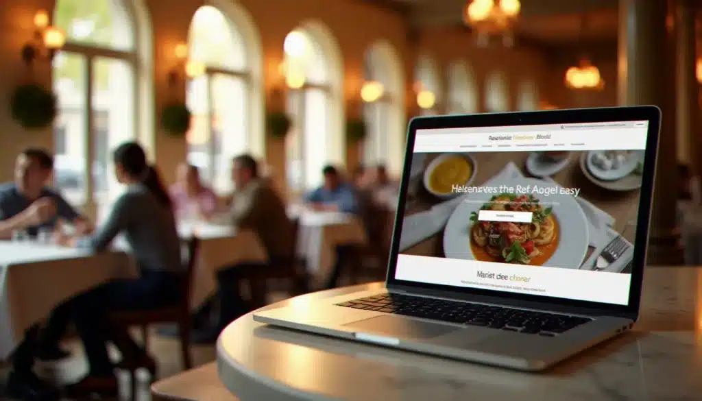 Intérieur d'une brasserie vichyssoise avec un ordinateur portable affichant un site internet de restaurant, illustrant la création d'un site internet restaurant Vichy moderne et professionnel